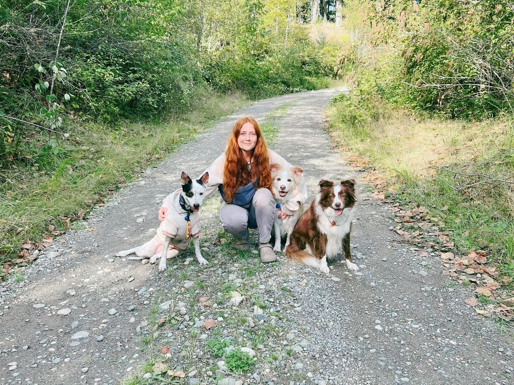 Marta kneeling on a wooded gravel trail with three dogs sitting calmly beside her